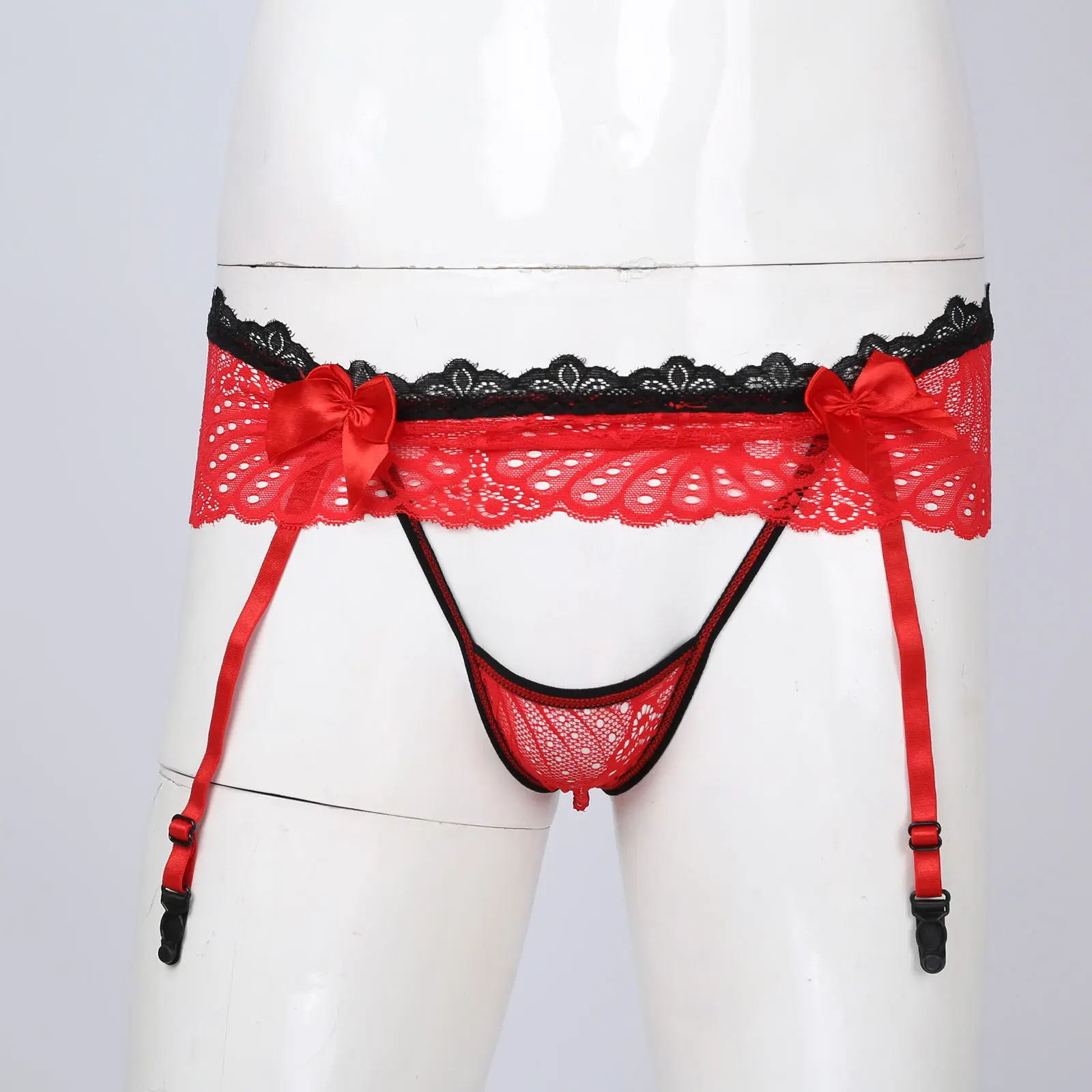 Male Gay Mens Sexy Exotic Panties Skirted Thongs Bowknot Crotchless T-Back Adjustable Garter Belt Lace G-String Sissy Underwear