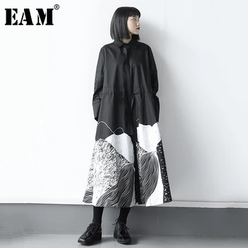 

[EAM] Women Black Pattern Printed Drawstring Big Size Dress New Lapel Long Sleeve Loose Fit Fashion Spring Autumn 2020 1S416