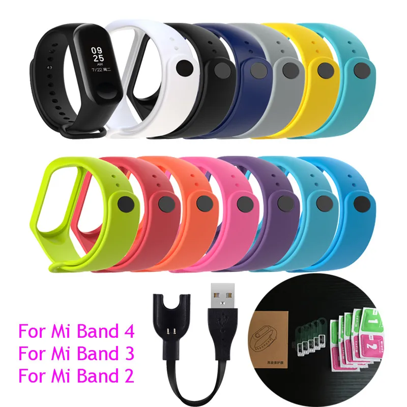 

For Xiaomi Mi Band 4 3 2 Replacement TPU Wrist Strap Watch Band,Tempered Hydrogel Protective Film,USB Charging Cable