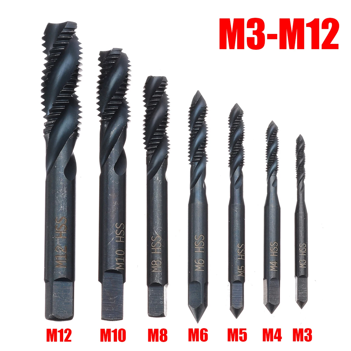 7 шт. HSS M3 M4 M5 M6 M8 M10 M12 Метрическая штепсельная Резьбовая сверла с резьбой набор