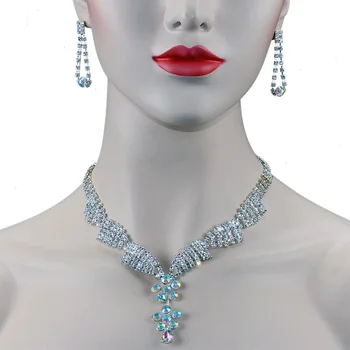 

Chran Silver Plated Rhinestone Necklace Earrings Set for Bridemaids Elegant AB Crytsal Women Wedding Jewelry Set