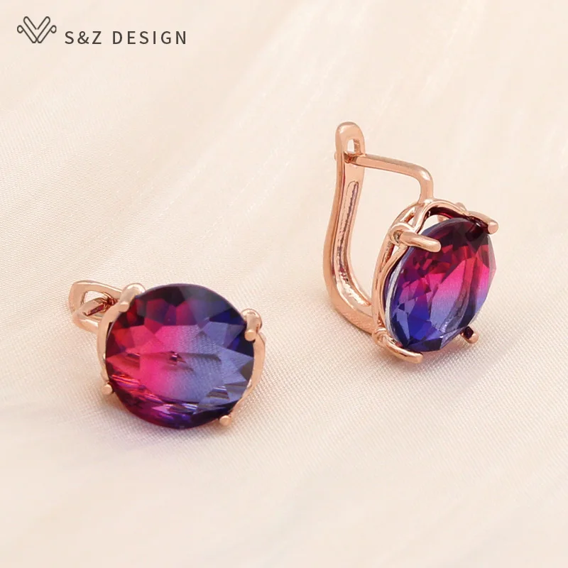 S&Z DESIGN New Fashion 585 Rose Gold Color Big Round Imitation Tourmaline Dangle Earrings For Women Wedding Party Jewelry