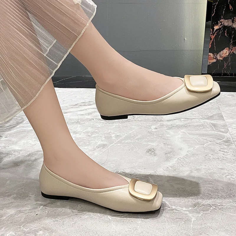 2021 Spring Autumn Square Toe Ballet Flats Shoes Women's Square Buckle Soft Sole Comfortable Plus Size 43 Women's Shoes Korean