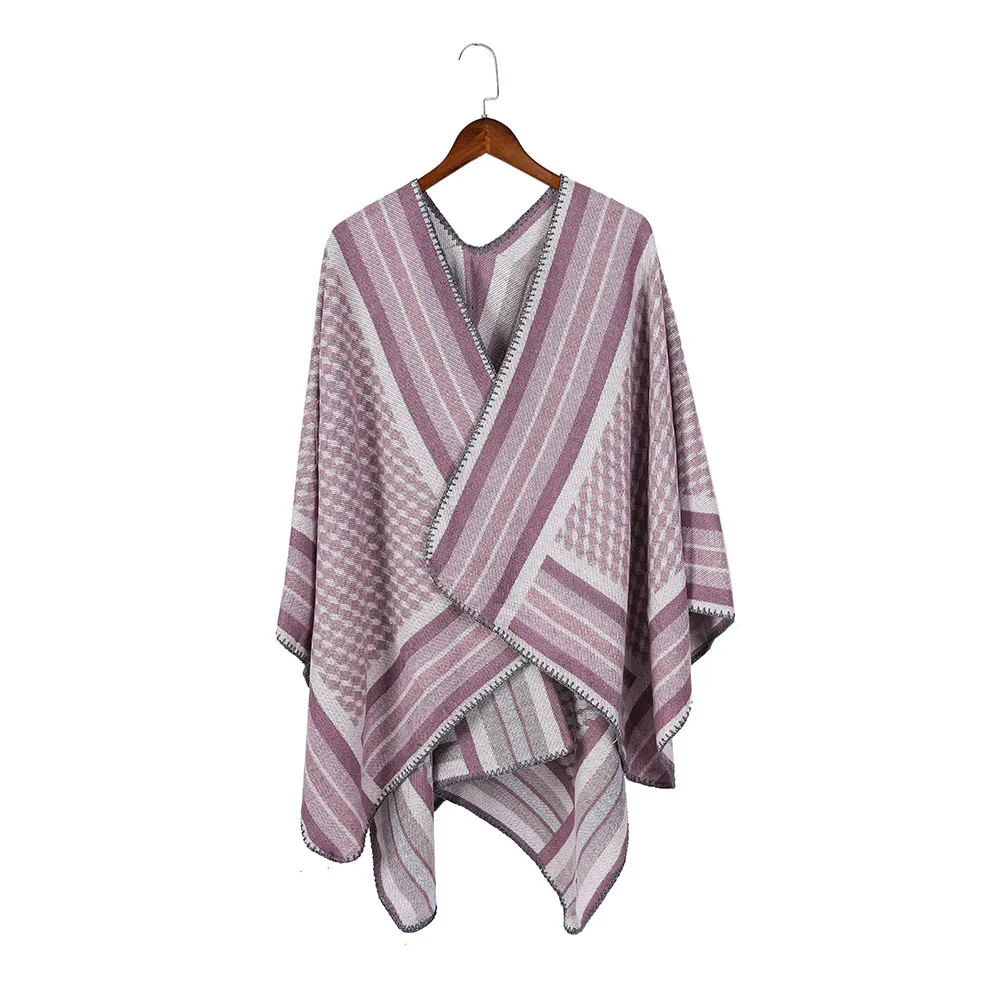 Pink FS Elegant Thicken Winter Ponchos For Women Cape Cashmere Pashmina Shawl Lady Fashion Geometric Blanket Woman Scarf Red Foulard - Color: Pink