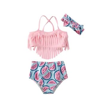 

Princess Kid Baby Girl Swimwear Bikini Sets Tassel Sleeveless Belt Watermelon Print Swimsuit Headband Clothes 3PCS