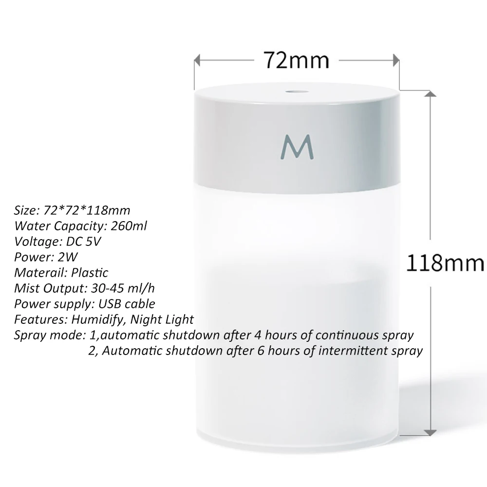 USB zvlhčovač vzduchu s farebným LED nočným svetlom 260ML ultrazvukový chladič hmly, zvlhčovač aromaterapie, difuzér_voghion.com
