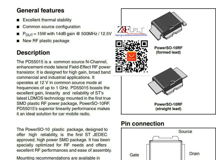 PD55015-E PD55015 PD55015TR-E/PD55015S РЧ силовой транзистор, LDMOST пластмассовый семейный n-канальный улучшенный режим боковых мосфетов