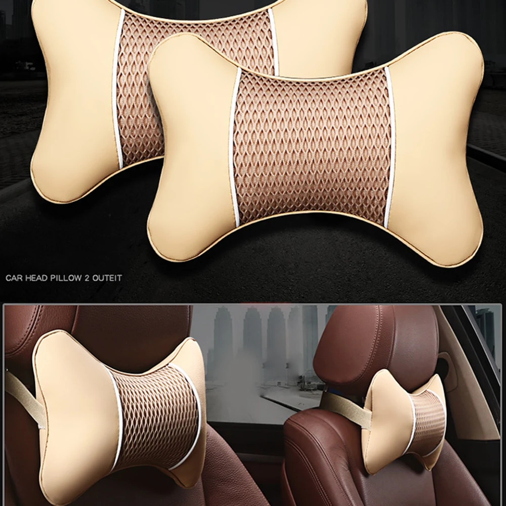 

2Pcs Universal Car Pillows PU Leather Knitted Headrest Neck Rest Cushion Support Seat Accessories Auto Black Safety Pillow Decor