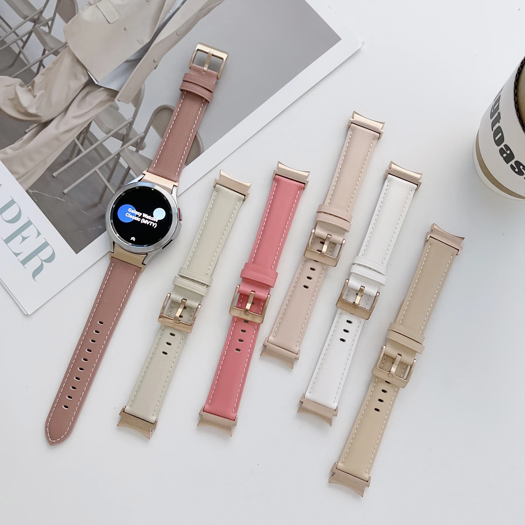 

Ремешок кожаный для наручных часов, браслет для Samsung Galaxy Watch 4 Classic 42 мм 46 мм, с изогнутым концом 40 мм 44 мм, 20 мм