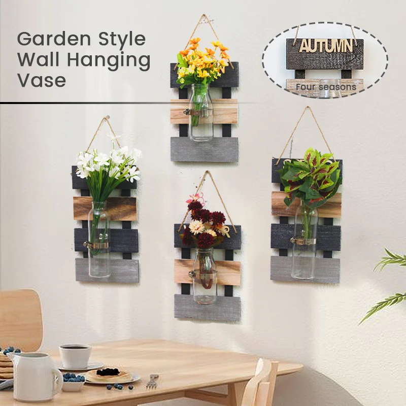 

Nordic Creative Wall Hanging Glass Hydroponic Plants Vase with Wooden Base Flower Pot Scindapsus Container Art Home Wall Decor