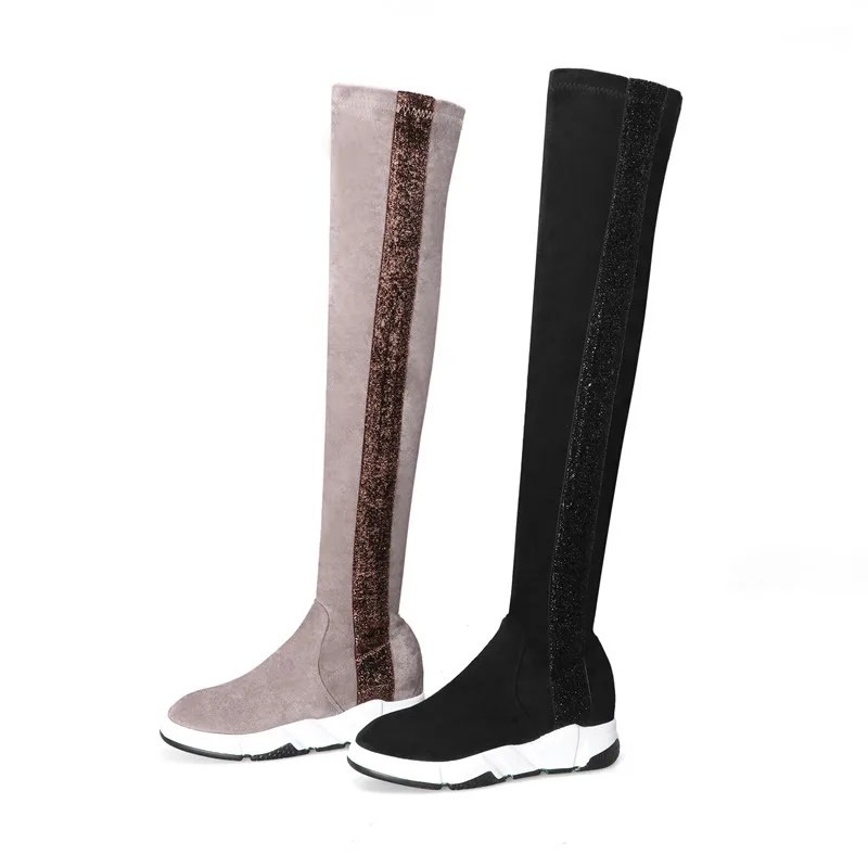 FEDONAS/Лоскутные женские замшевые сапоги выше колена из флока; пикантные женские эластичные сапоги, увеличивающие рост; женская обувь для вечеринок