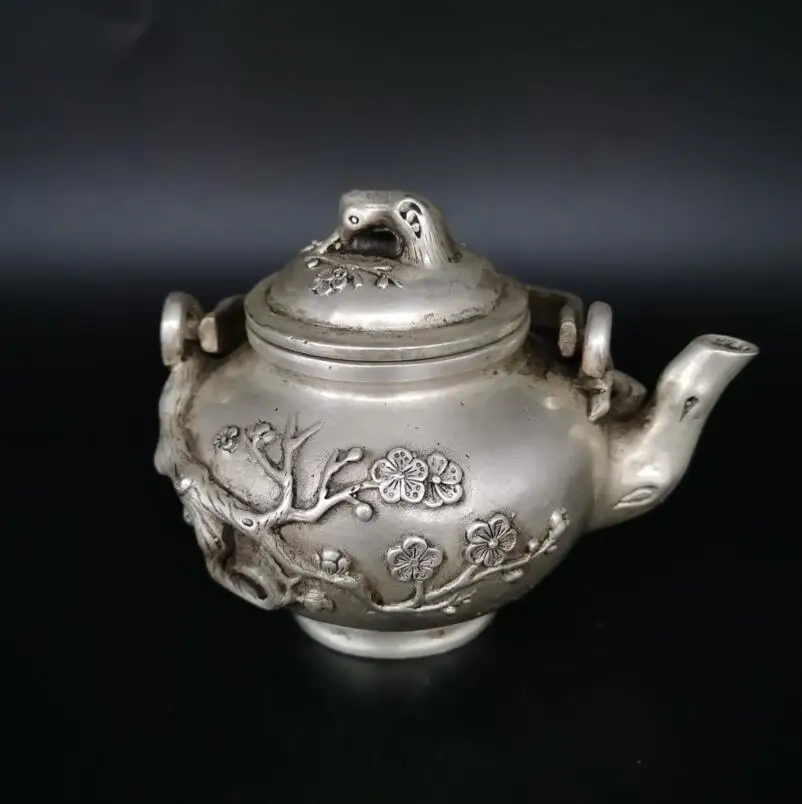 

China White copper Plum flower teapot crafts statue