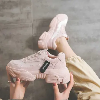 

High quality pink sneakers female 2019 autumn new wild beige running shoes walking shoes thick-soled casual sports shoes ZQ-45