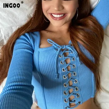 

INGOO Sexy Lace Up Hollow Out Women Crop Top Fashion Slim Blue Lady Tee 2020 Spring Summer Long Sleeve Short T-shirt Streetwear