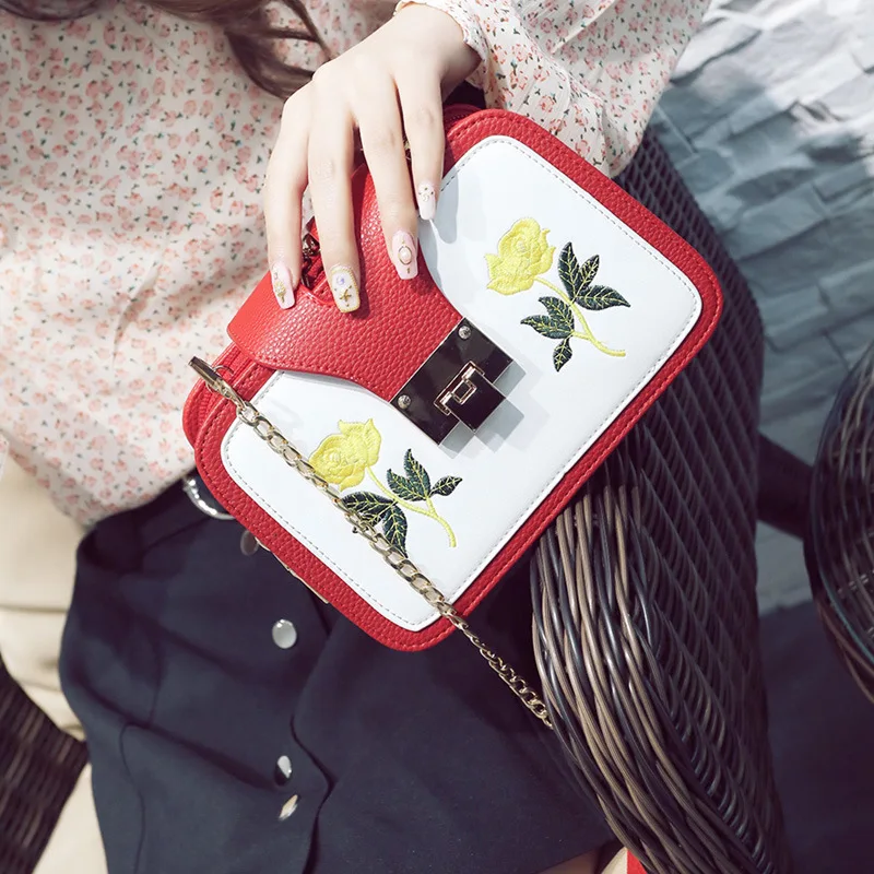 

2019 New Style Iron Clamp Mouth Lock Square Sling Bag Gold-Tone Rose Embroidery Shoulder Hand WOMEN'S Bag