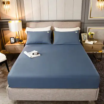 Sábana de algodón para cama sábana bajera lisa de Color azul sólido con sabanas elásticas de cama Queen/King Size, 1 ud.
