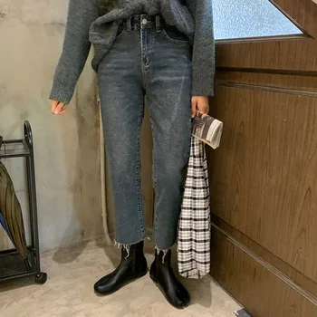 

Personalized ripped high waist 9-point jeans for women autumn and winter 2019 Korean casual straight pants for women