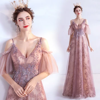 

Pink Evening Dress A-line Sequins Tulle Backless Lace Beaded Luxury Sexy 2020 New Fashion Party Dresses Evening Gown JA76