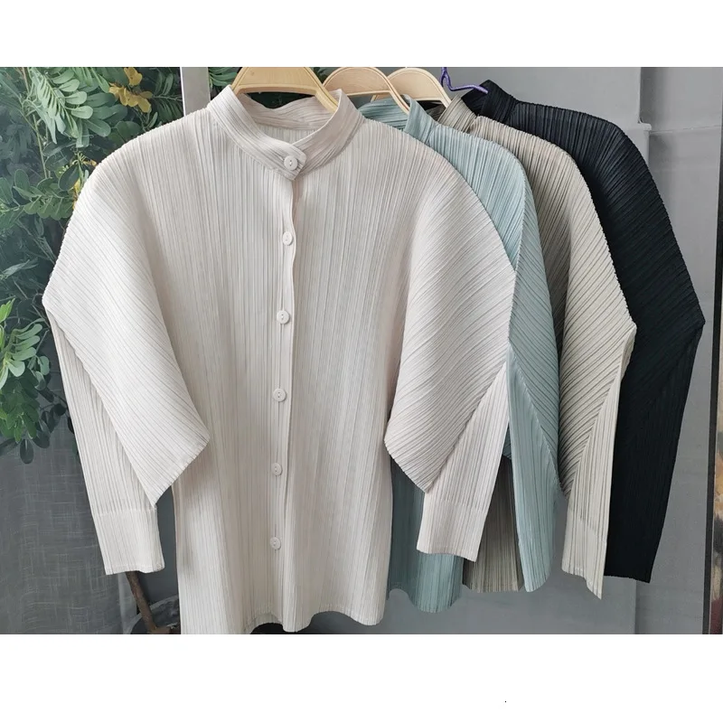 LANMREM модная новая плиссированная женская блузка, однотонная плиссированная блузка со стоячим воротником, однобортная рубашка для женщин YH672