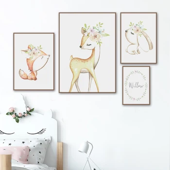 

Deer Rabbit Fox Flower Nursery Wall Art Canvas Painting Cartoon Nordic Posters And Prints Wall Pictures Girl Boy Kids Room Decor