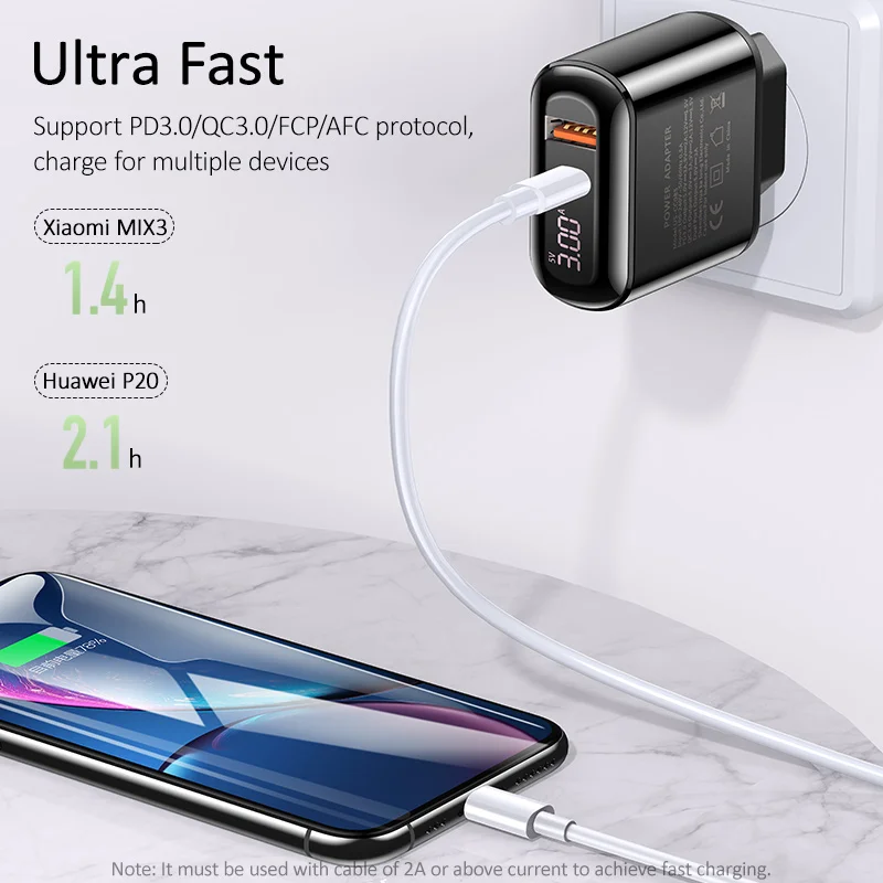 USAMS светодиодный дисплей USB зарядное устройство PD3.0 QC3.0 Быстрая зарядка США ЕС настенный адаптер для iPhone X samsung Xiaomi быстрое зарядное устройство для мобильного телефона