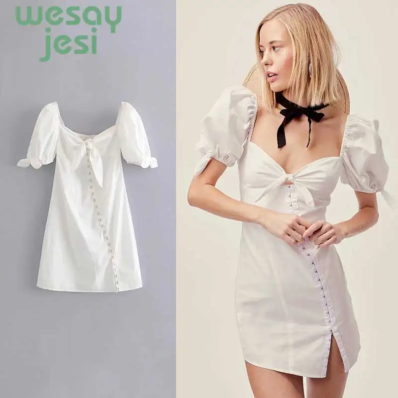

2019 women sexy dress White Deep V-neck short Summer Women Club Metal Buckle Mini Dress A-line casual dress 2019 new