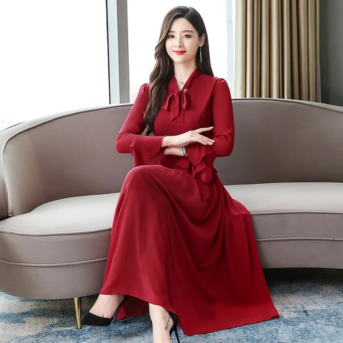 

2019 Chiffon Dress With Long Sleeves Autumn Casual Bow V-neck A-line Bodycon Maxi Dresses Plus Size Wine Red Blue Fashion