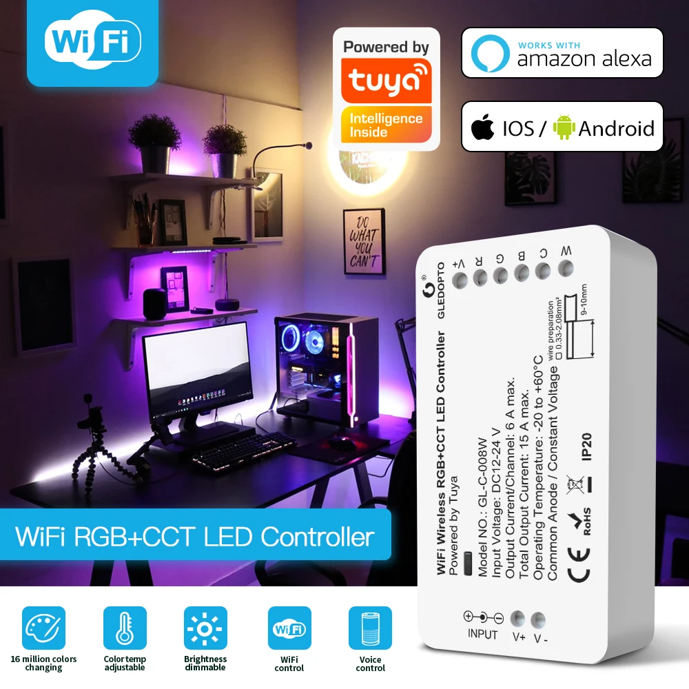 Gledopto Yandex Alice WiFi Wireless RGBCCT LED Strip Controller Work With Smart Life App WiFi Alexa Echo Plus Voice Control Home материнская плата asus tuf gaming b760 plus wifi d4 90mb1df0 m0eay0