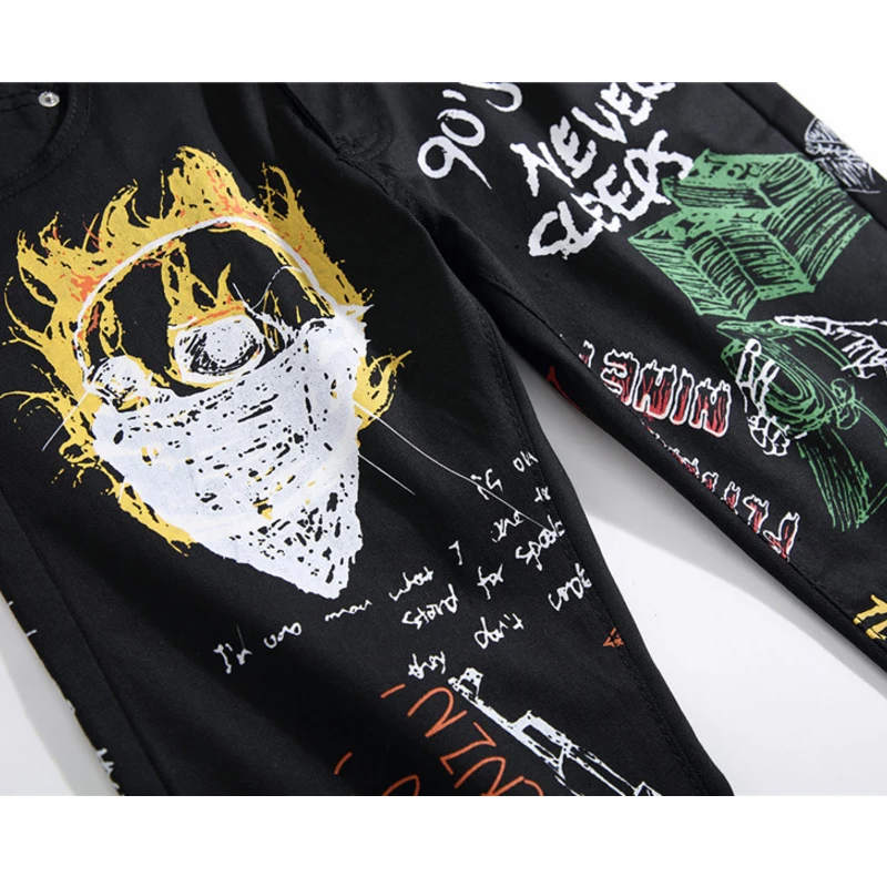 Promo Aolamegs Jeans Men Broken Flame Print Retro Style Denim Cool Letter Print Tight Casual All-match Hip Hop Style Jeans Streetwear