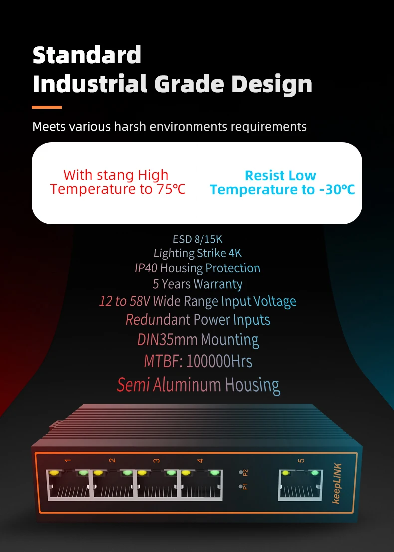 5 Port Fast Unmanaged Ethernet  Netwok Switch for Industrial Automation Electrical Cabinet Outdoor10/100M  Fanless  Metal IP40