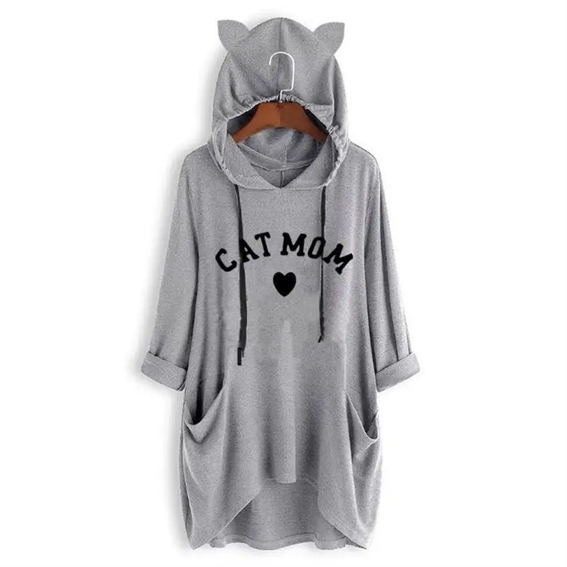 

New T-Shirt For Women Cat Paw Letters Print Mid Sleeve Hooded T-Shirt Top Harajuku Tshirt T-Shirt Female Streetwear Cotton