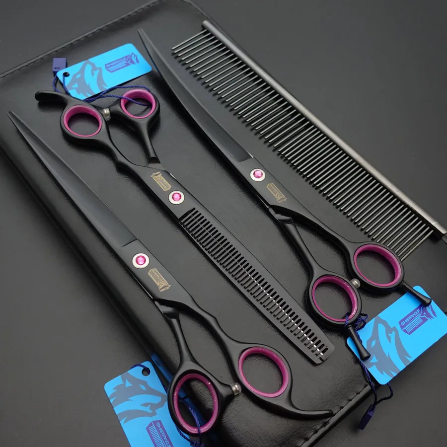 

Matt black Professional Pet Grooming Scissors set,Straight & Thinning & Curved scissors set with Comb,Dog grooming,D567