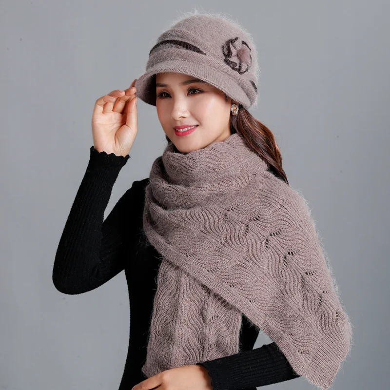 New Winter Women Rabbit Fur Hat Scarf Set Lady Warm Wool Knitted Plush Hat Scarf Crochet Sets Beanie Mother Caps Scarf Shawl Gif