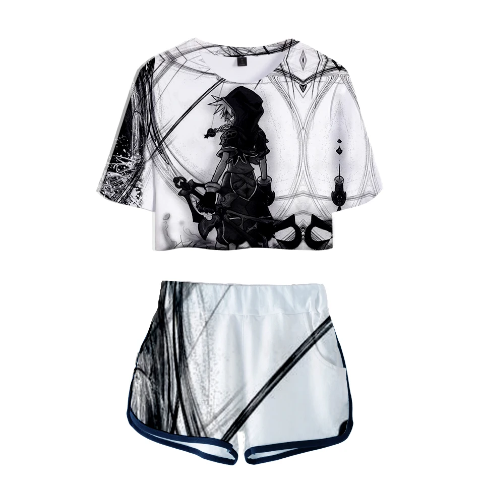 Футболки с принтом «Kingdom Hearts Midriff», шорты, комплекты для женщин, летний сексуальный костюм с аниме, милые женские модные костюмы в стиле хип-хоп для девочек, 3D