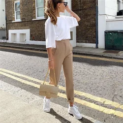 Mulher casual sólida alta cintura calças 2021 primavera elegante feminino bolso básico pant escritório senhoras 14 cor pant