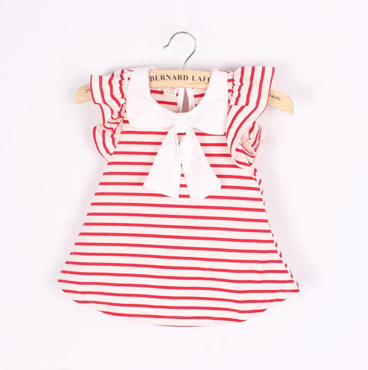 Одежда для детей г. Новое летнее платье Детская мода, хлопок, Милая футболка в полоску с рукавами-крылышками и бантом платье для маленьких девочек - Цвет: F11-red