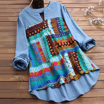 

2020 Spring Casual Color Block Womens Tops And Blouses Irregular Ethnic Print V Neck Long Sleeve Blouse 4XL 5XL Plus Size Tunic