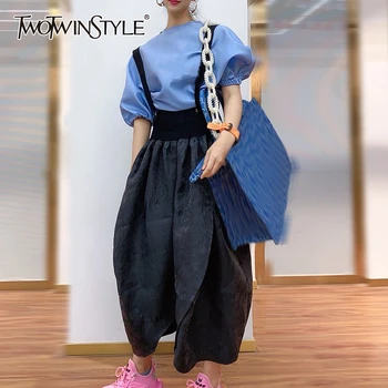 

TWOTWINSTYLE Casual Appliques Women Skirts Spaghetti Strap High Waist Ruched Loose Hit Color Midi Skirt For Female Clothes Tide