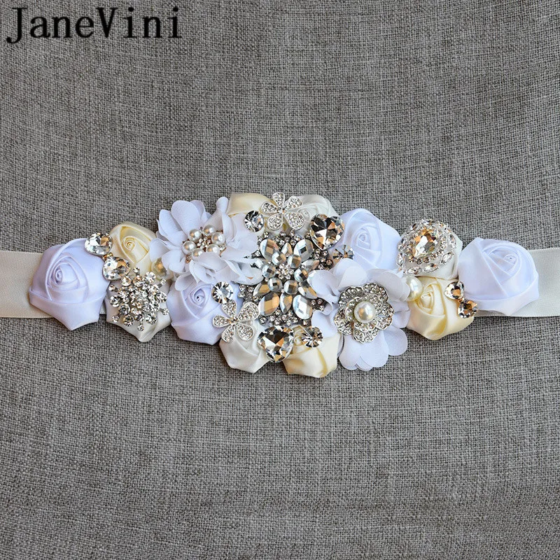 JaneVini Jewelled Rhinestone Belt for Wedding Dress Women Belts Pearl Satin Ribbon Sash Crystal Belt Bridesmaid Bride Waistband
