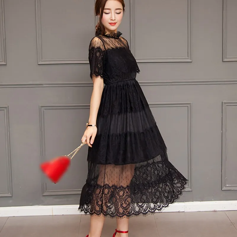 Женское летнее Элегантное черно-белое кружевное платье принцессы, Короткое Сексуальное Женское Платье Лолиты со стоячим воротником, Пляжное черное платье