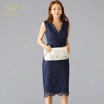 

H Han Queen Office Work Vestidos Summer Simple Sleeveless V-neck Knee-length Business Lace Dresses Women Bodycon Pencil Dress