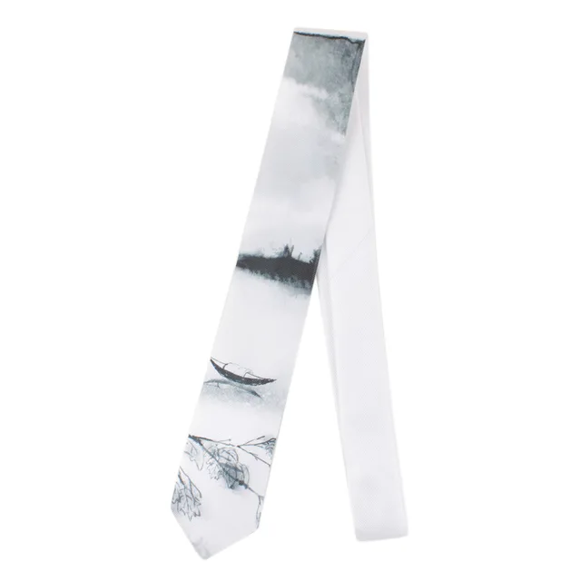 Men's Printed Tie Casual Banquet Suit Shirt Accessories Yarn-dyed Polyester Silk White Fine Novelty Landscape Painting Necktie 211104