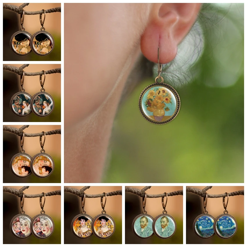 

Van Gogh Sunflower Gustav Klimt The Kiss Art Painting Earrings Retro Statement Long Dangle Earrings Women Handmade Jewelry