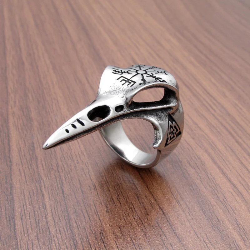 Punk 316L Stainless Steel Vegvisir Runes Futhark Rings Silver Color Black Viking Raven Ring Odin Nordic Animal Head Jewelry | Украшения и