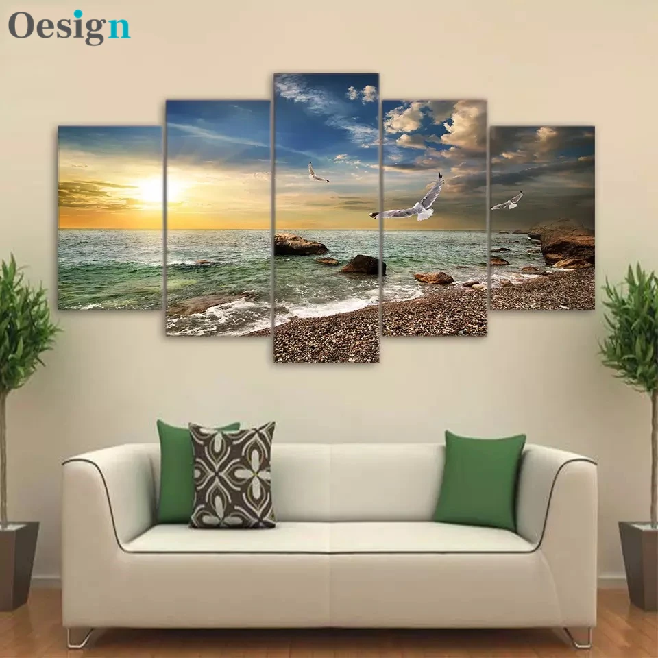 Canvas Wall Art Pictures Frame Kitchen Restaurant Decor 5 Pieces Sunset Landscape Animal Seagull Beach Living Room Print Posters | Дом и сад