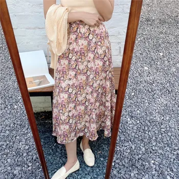 

Vintage Floral Print Ruffle Pleated Long Skirts summer Women Korean Skirt Streetwear Drawstring Elastic Waist Midi Skirt