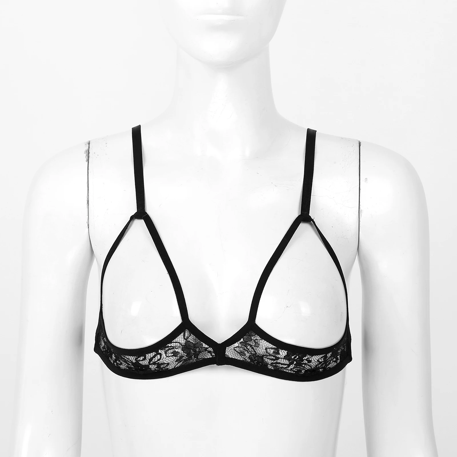 IEFIEL Womens Sheer Lace Lingerie 1/3 Cups Exposed Breast Underwire Push Up  Bra Tops Black L