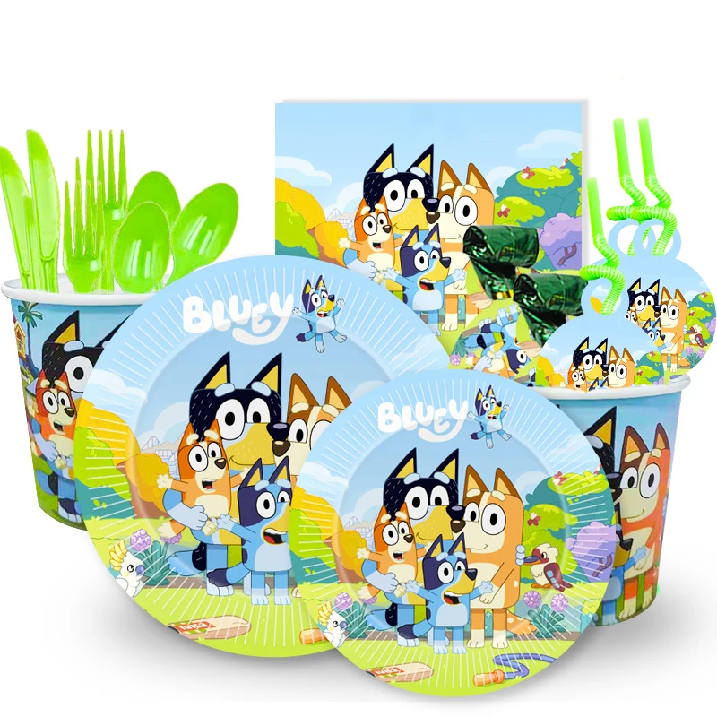 Cartoon Dogs Bingo Bruy's Birthday Party Theme Set Paper Gift Bag Balloon Banner Background Disposable Tableware Decoration | Дом и сад