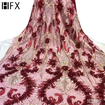 

HFX Latest Nigerian Wedding Lace Fabric With Stones Mesh Net Tulle Embroidery Lace Fabric 3D Flower African Lace Fabric F2986