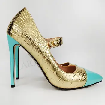 

LAIGZEM Metallic Corcodile Women High Heels Handmade Stiletto Pumps Shoes Woman Gold Tacones Zapatos Large Size 39 45 47